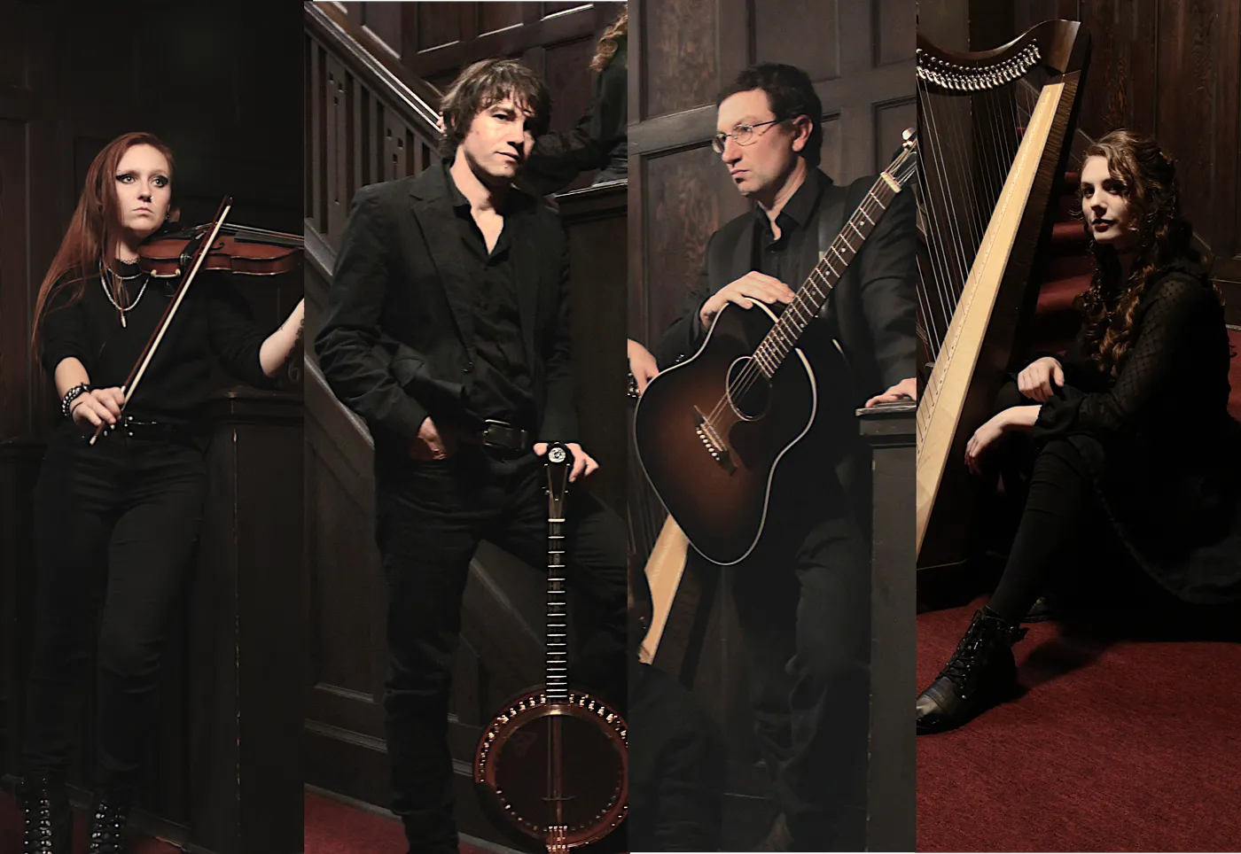 The Hounds of Cuchulain as a four piece, with fiddle, banjo, guitar and Irish harp
