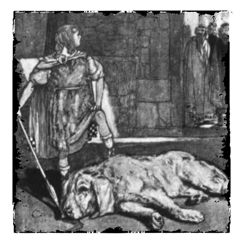 An old engraving of the young Setanta standing over the slain hound of the blacksmith Culann